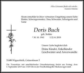 Traueranzeige von Doris Buch von Rheinische Post