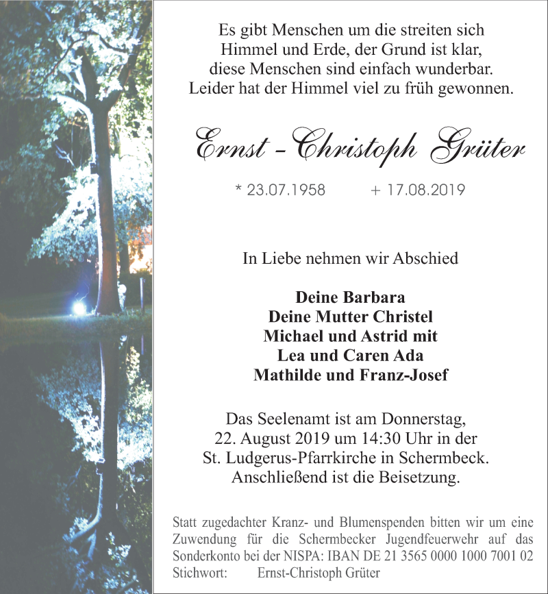  Traueranzeige für Ernst-Christoph Grüter vom 20.08.2019 aus Rheinische Post