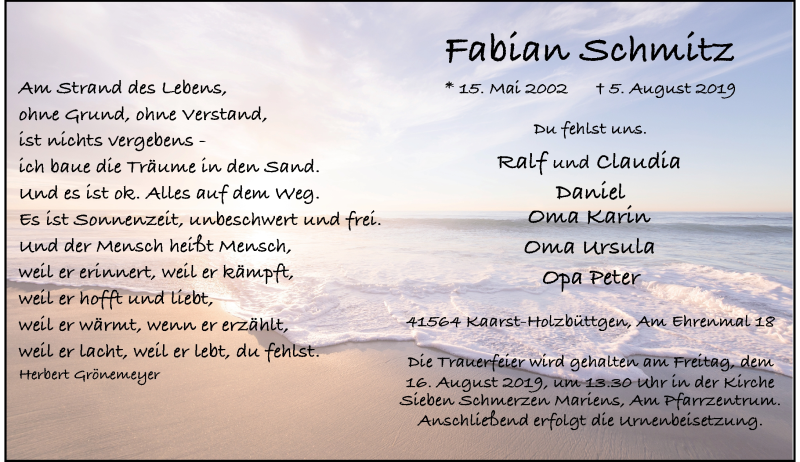  Traueranzeige für Fabian Schmitz vom 10.08.2019 aus Rheinische Post
