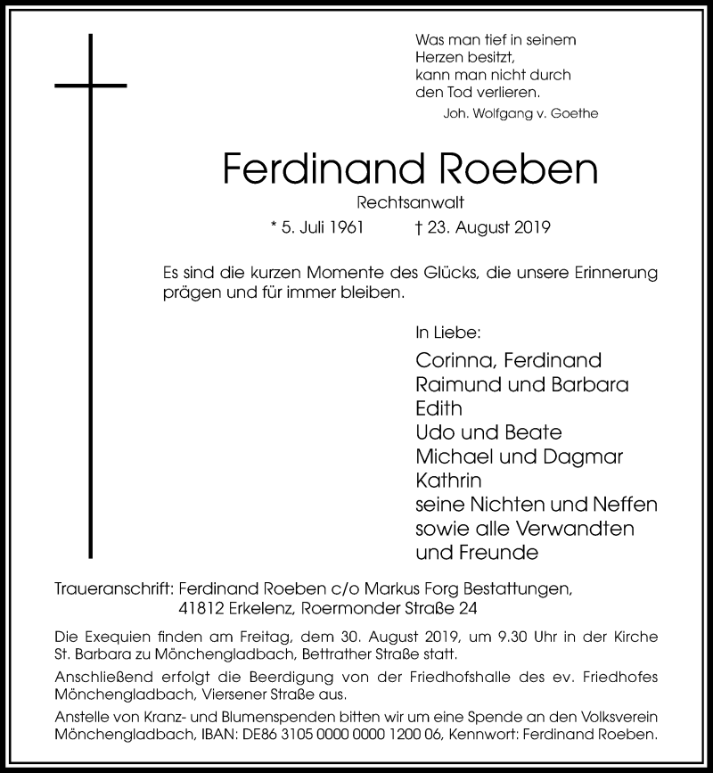  Traueranzeige für Ferdinand Roeben vom 28.08.2019 aus Rheinische Post