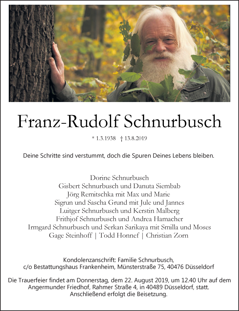  Traueranzeige für Franz-Rudolf Schnurbusch vom 17.08.2019 aus Rheinische Post