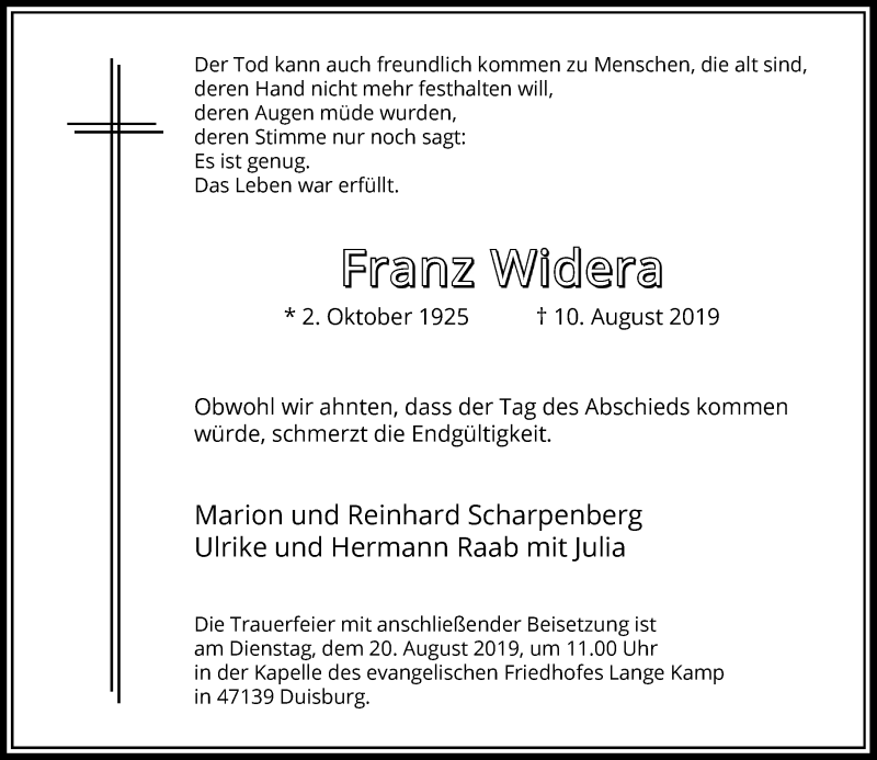  Traueranzeige für Franz Widera vom 15.08.2019 aus Rheinische Post