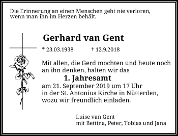 Traueranzeige von Gerhard van Gent von Rheinische Post