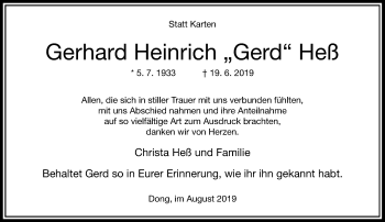 Traueranzeige von Gerhard Heinrich Heß von Rheinische Post