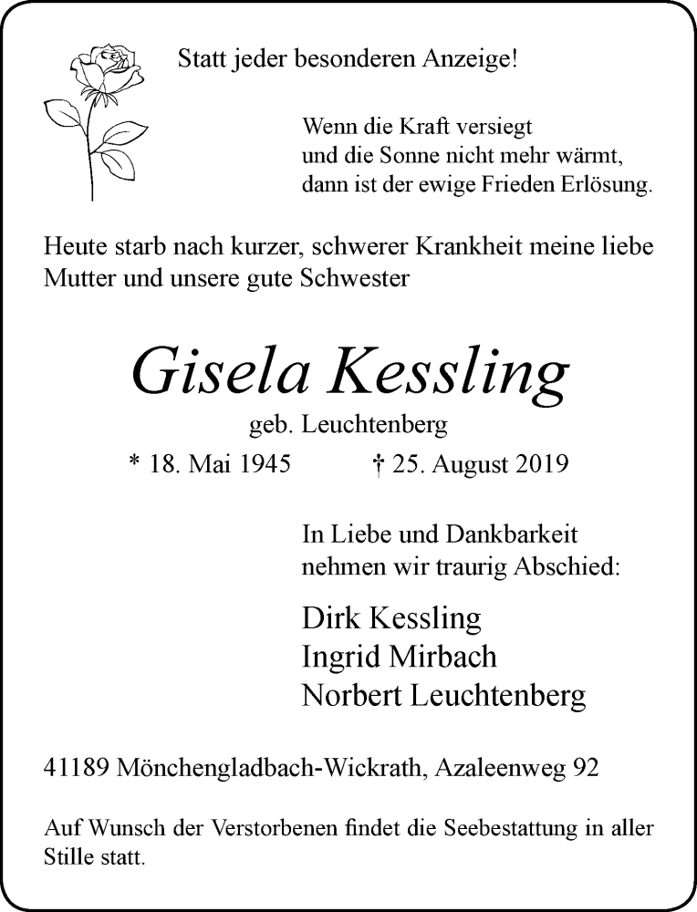  Traueranzeige für Gisela Kessling vom 31.08.2019 aus Rheinische Post