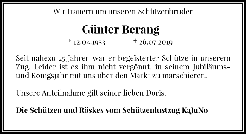  Traueranzeige für Günter Berang vom 10.08.2019 aus Rheinische Post