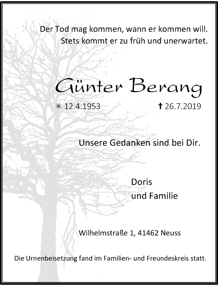  Traueranzeige für Günter Berang vom 10.08.2019 aus Rheinische Post