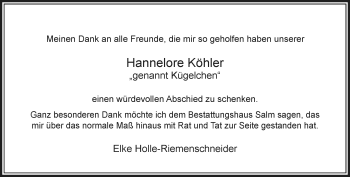 Traueranzeige von Hannelore Köhler von Rheinische Post