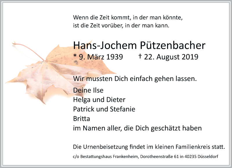  Traueranzeige für Hans-Jochem Pützenbacher vom 02.09.2019 aus Rheinische Post
