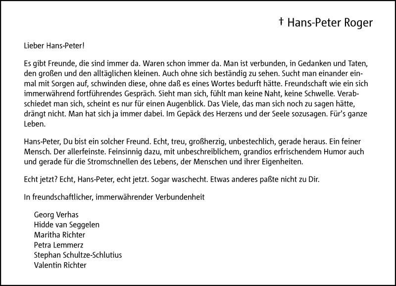  Traueranzeige für Hans-Peter Roger vom 14.08.2019 aus Rheinische Post