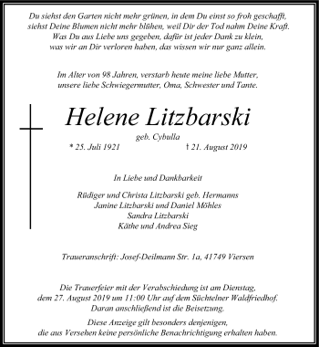 Traueranzeige von Helene Litzbarski von Rheinische Post