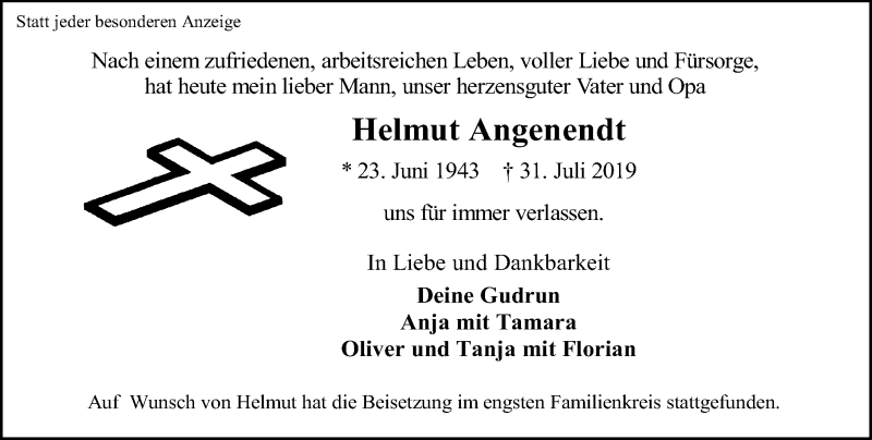  Traueranzeige für Helmut Angenendt vom 10.08.2019 aus Rheinische Post