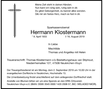 Traueranzeige von Hermann Klostermann von Rheinische Post