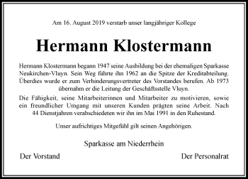 Traueranzeige von Hermann Klostermann von Rheinische Post
