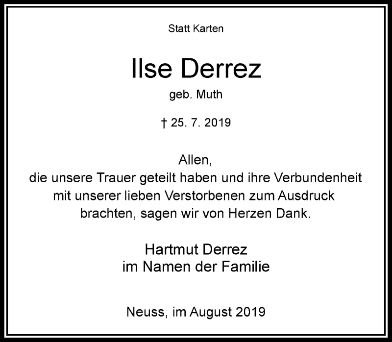  Traueranzeige für Ilse Derrez vom 24.08.2019 aus Rheinische Post