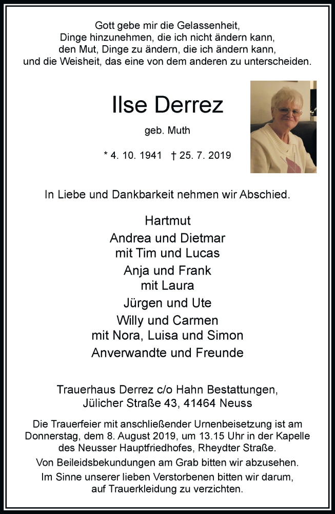  Traueranzeige für Ilse Derrez vom 03.08.2019 aus Rheinische Post