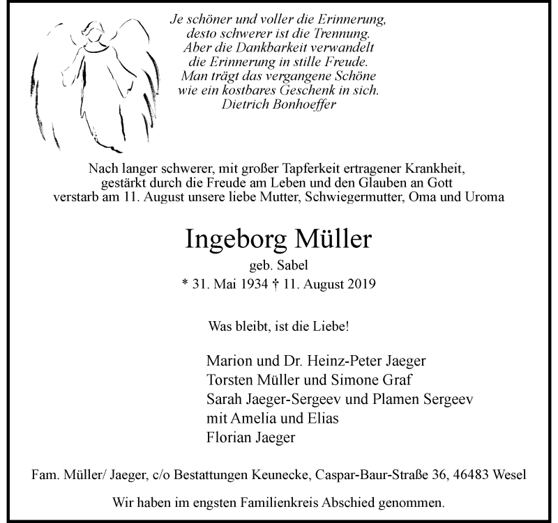  Traueranzeige für Ingeborg Müller vom 15.08.2019 aus Rheinische Post