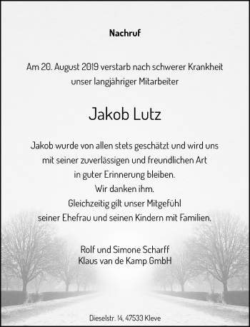 Traueranzeige von Jakob Lutz von Rheinische Post