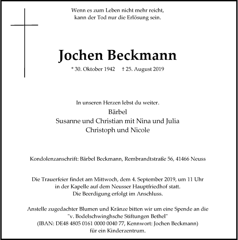 Traueranzeige für Jochen Beckmann vom 31.08.2019 aus Rheinische Post