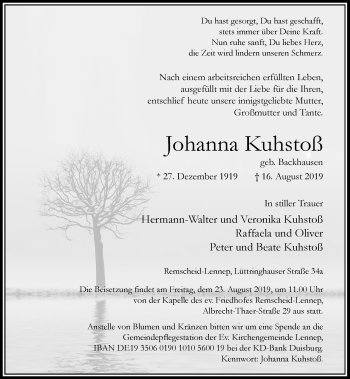 Traueranzeige von Johanna Kuhstoß von Rheinische Post