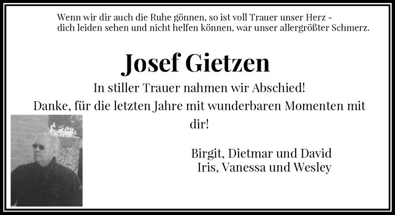  Traueranzeige für Josef Gietzen vom 17.08.2019 aus Rheinische Post