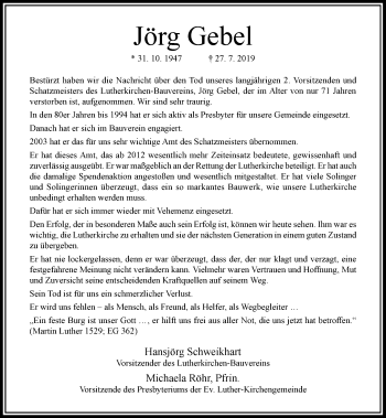 Traueranzeige von Jörg Gebel von Rheinische Post