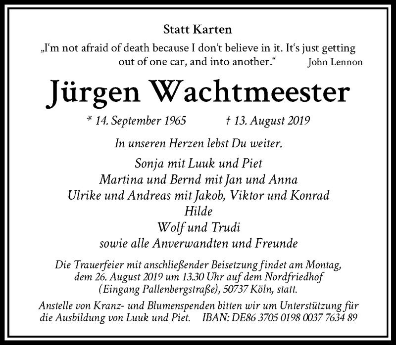  Traueranzeige für Jürgen Wachtmeester vom 21.08.2019 aus Rheinische Post