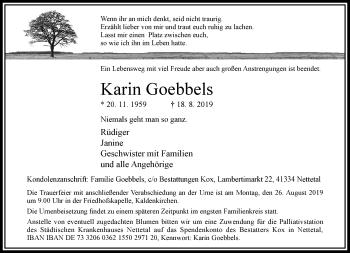 Traueranzeige von Karin Goebbels von Rheinische Post
