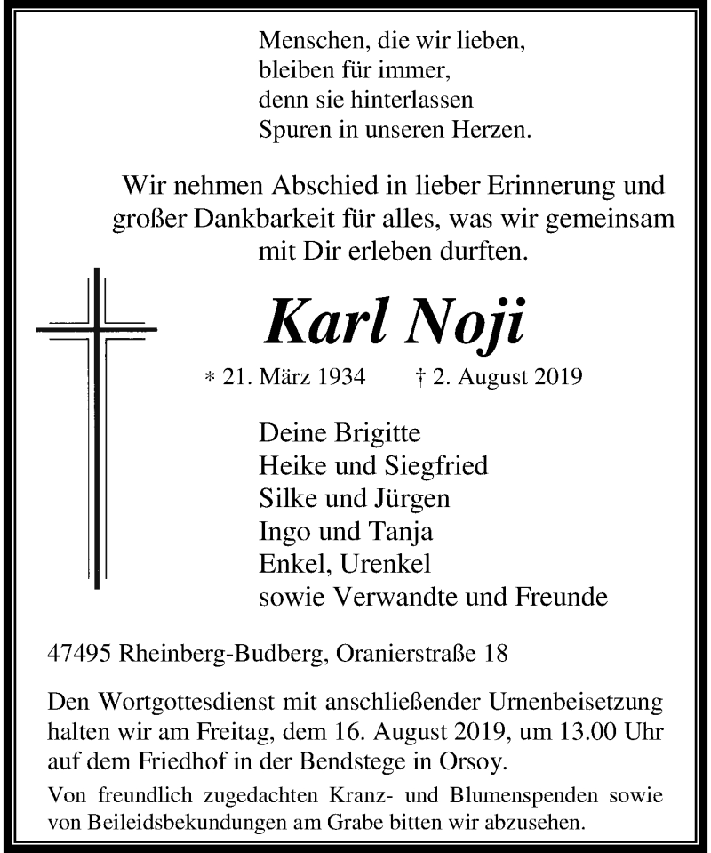  Traueranzeige für Karl Noji vom 09.08.2019 aus Rheinische Post