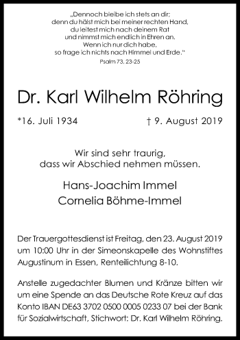 Traueranzeige von Karl Wilhelm Röhring von Rheinische Post