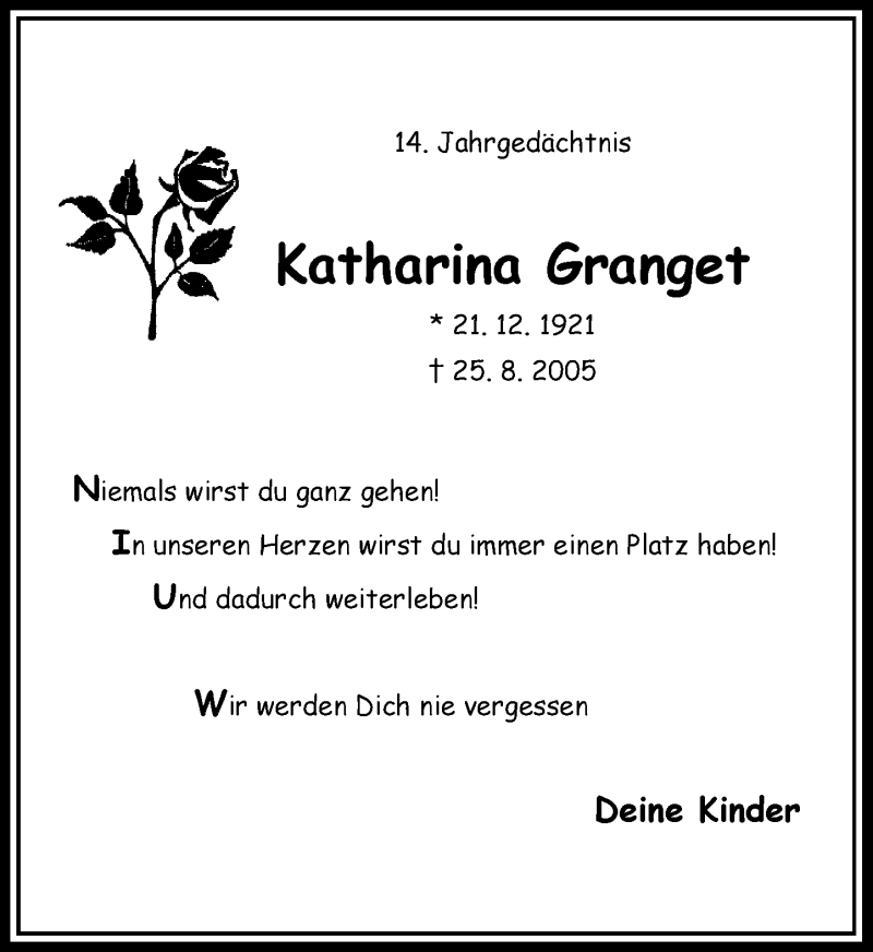  Traueranzeige für Katharina Granget vom 24.08.2019 aus Rheinische Post