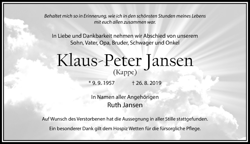  Traueranzeige für Klaus-Peter Jansen vom 31.08.2019 aus Rheinische Post