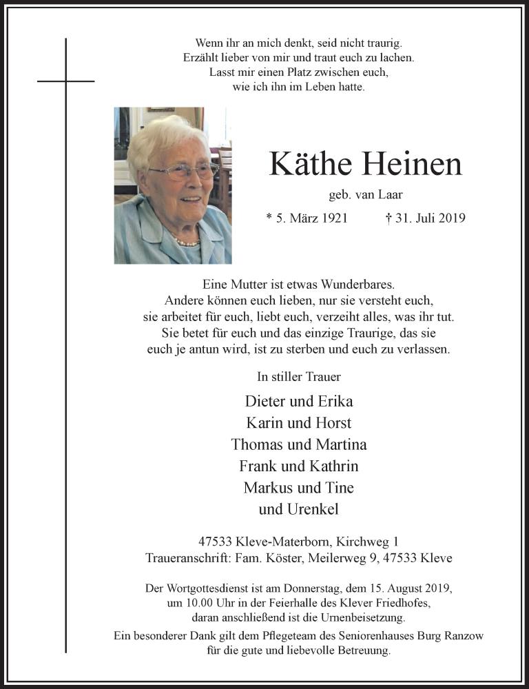  Traueranzeige für Käthe Heinen vom 07.08.2019 aus Rheinische Post