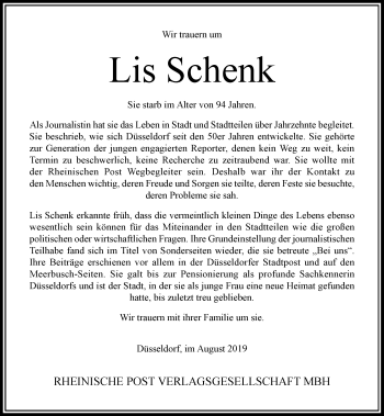 Traueranzeige von Lis Schenk von Rheinische Post