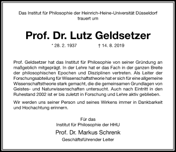 Traueranzeige von Lutz Geldsetzer von Rheinische Post