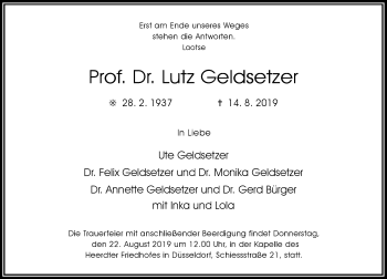 Traueranzeige von Lutz Geldsetzer von Rheinische Post