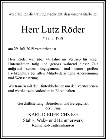 Traueranzeige von Lutz Röder von Rheinische Post