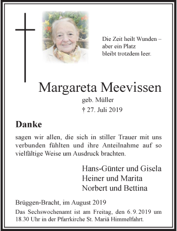 Traueranzeige von Margareta Meevissen von Rheinische Post