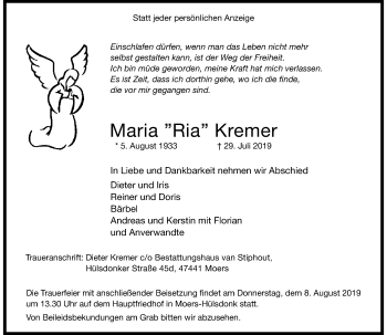 Traueranzeige von Maria Kremer von Rheinische Post