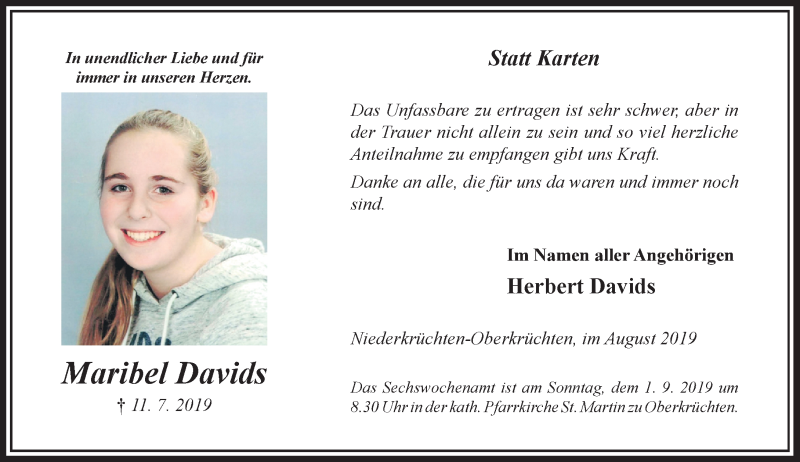  Traueranzeige für Maribel Davids vom 24.08.2019 aus Rheinische Post