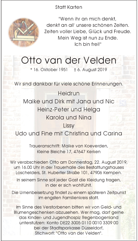  Traueranzeige für Otto van der Velden vom 10.08.2019 aus Rheinische Post