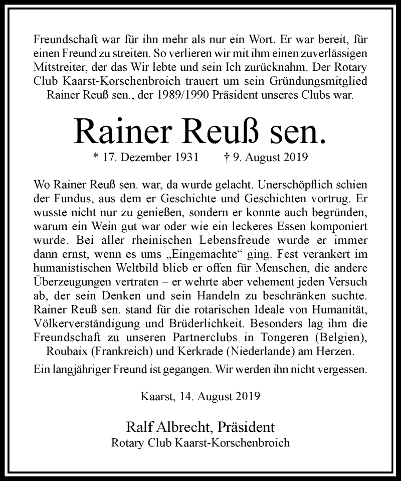  Traueranzeige für Rainer Reuß vom 14.08.2019 aus Rheinische Post