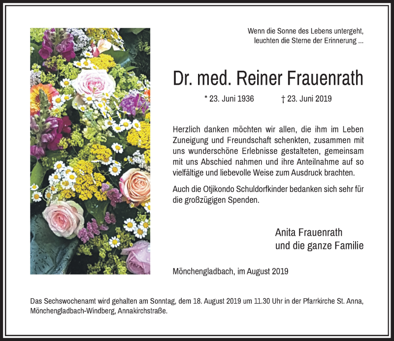 Traueranzeige für Reiner Frauenrath vom 10.08.2019 aus Rheinische Post