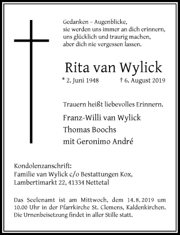 Traueranzeige von Rita van Wylick von Rheinische Post