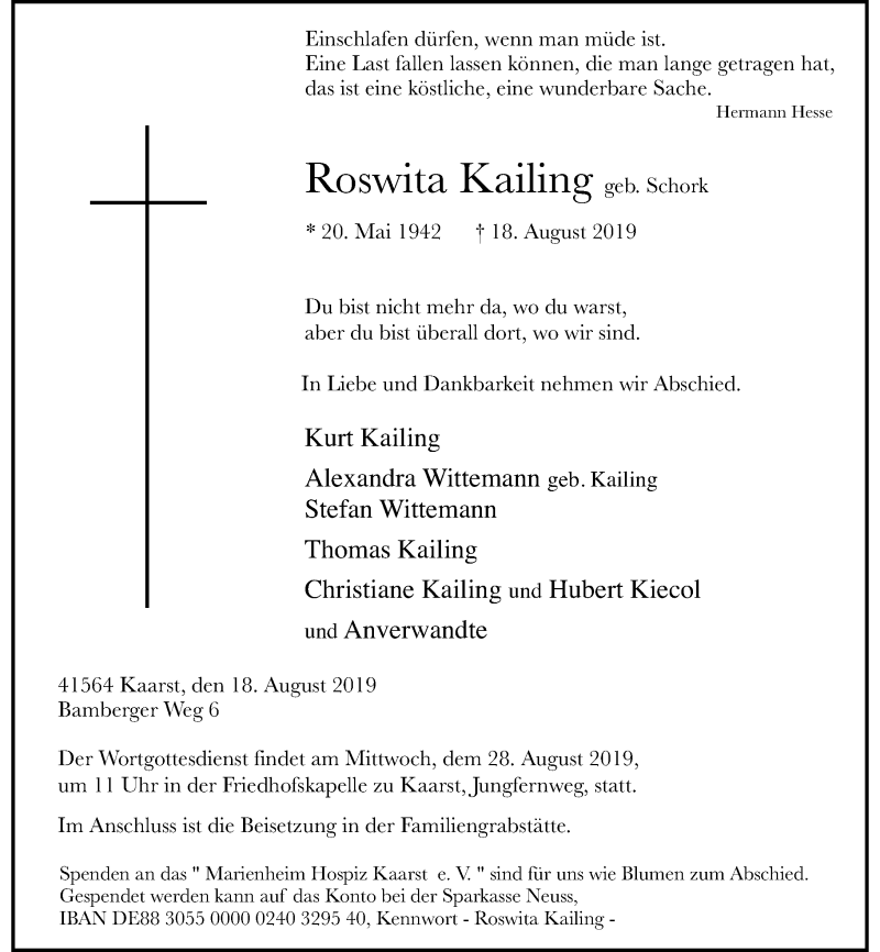  Traueranzeige für Roswita Kailing vom 23.08.2019 aus Rheinische Post