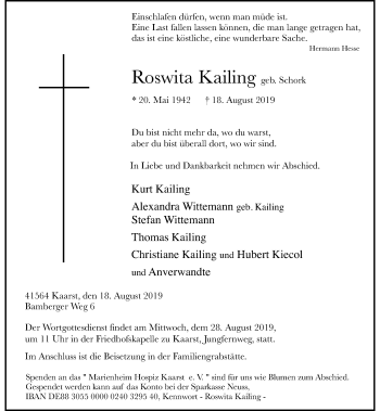 Traueranzeige von Roswita Kailing von Rheinische Post