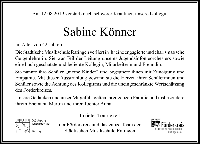  Traueranzeige für Sabine Könner vom 17.08.2019 aus Rheinische Post