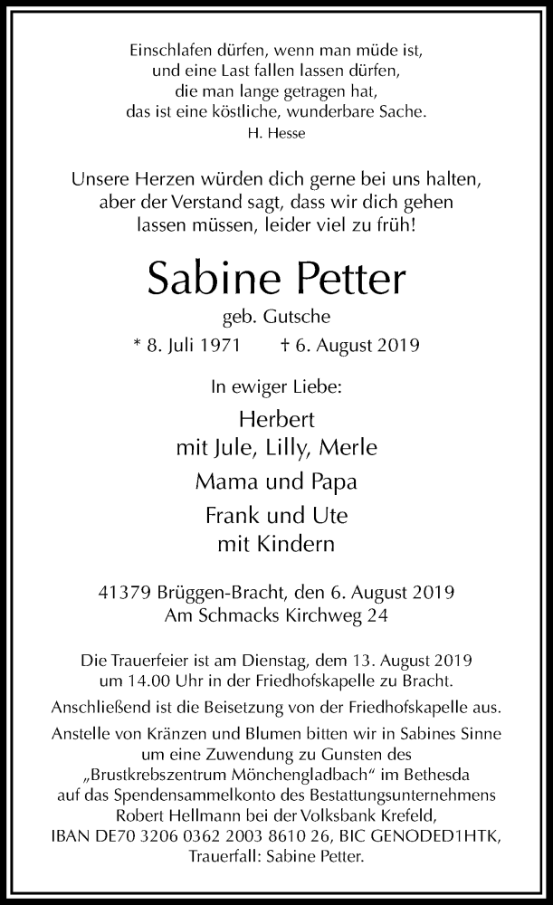  Traueranzeige für Sabine Petter vom 10.08.2019 aus Rheinische Post