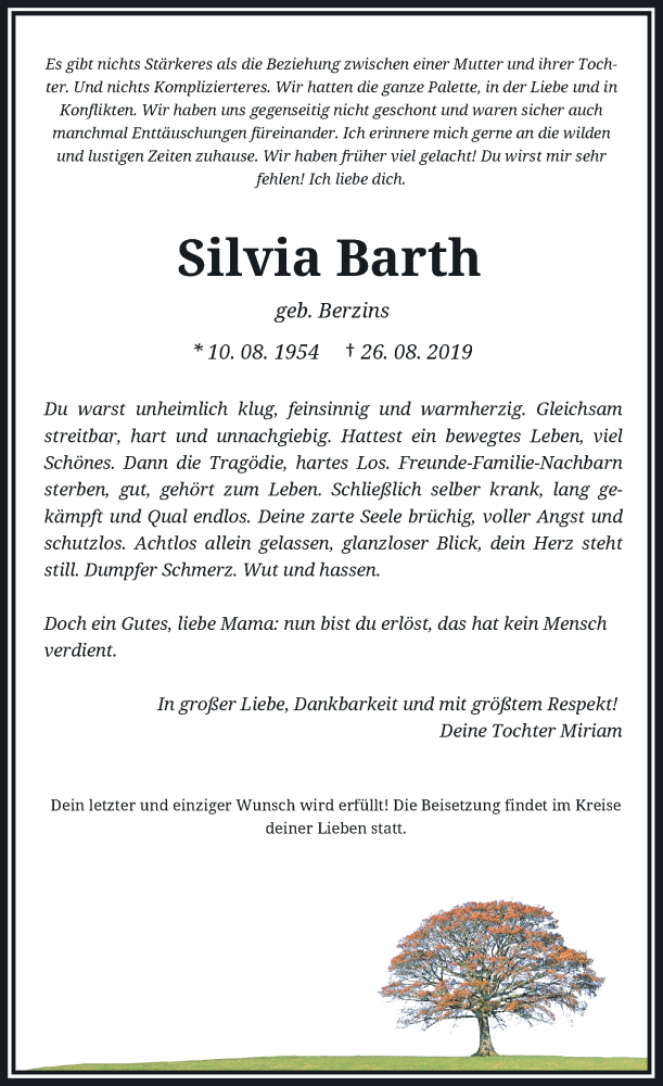  Traueranzeige für Silvia Barth vom 31.08.2019 aus Rheinische Post