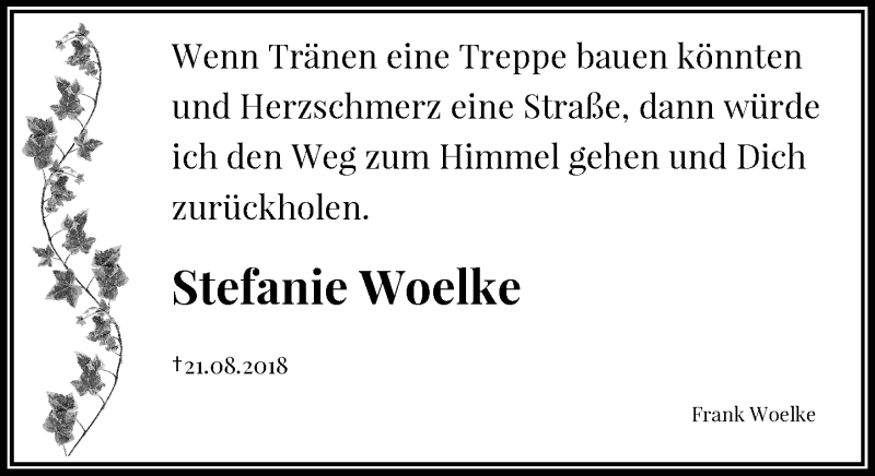  Traueranzeige für Stefanie Woelke vom 21.08.2019 aus Rheinische Post